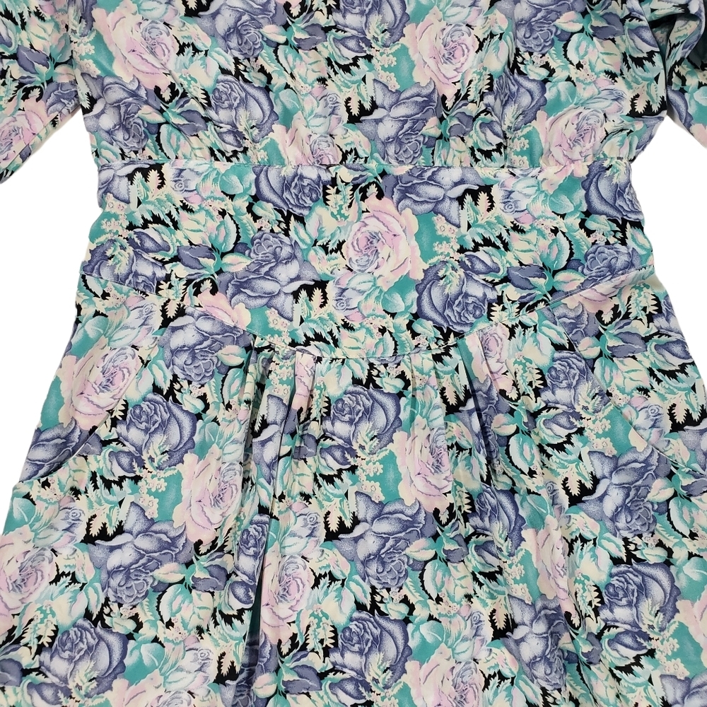 Vintage Alexis Petite Blue Floral Print Midi Dress Womens Size 11-12 Work Church - Picture 8 of 16